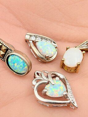 Romantic Hallmarked Sterling Silver Classic Heart Lab Opal Pendant Lot